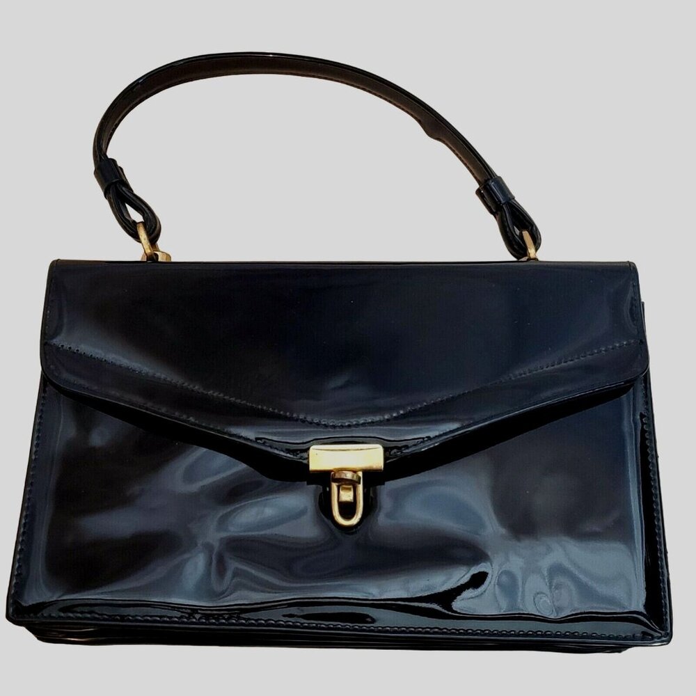 Vintage Purse Black Patent Gold Hardware Zipper Reads LANCE 11 X 7 X 3